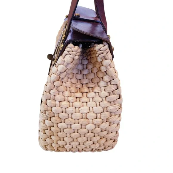 Etienne Aigner Vintage Woven Straw Double Handle Purse, Leather & Brass Details - Picture 5 of 16